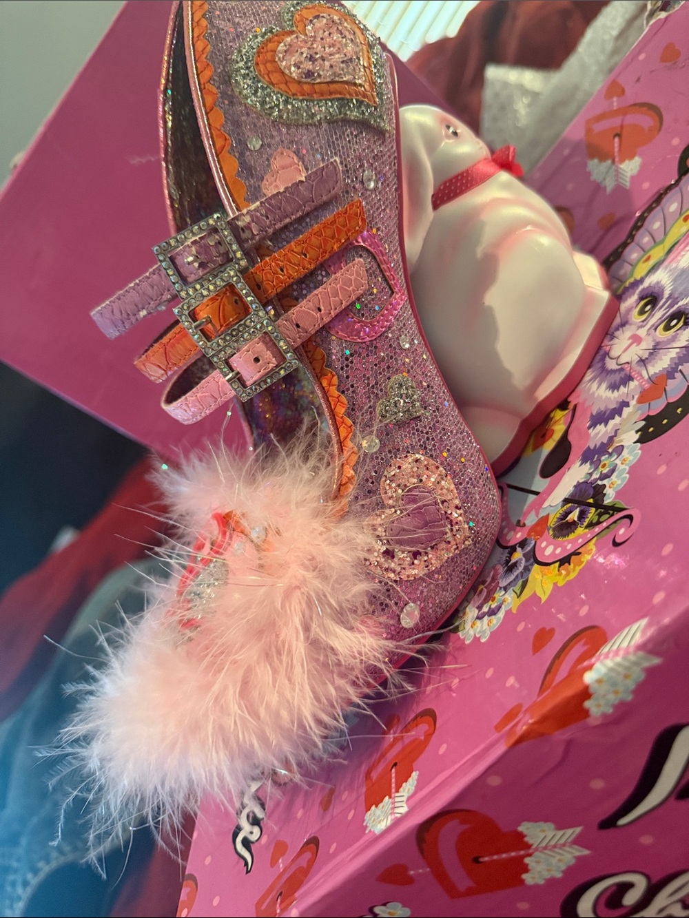 Pink Heart-Embellished Feather Mary Jane Heel